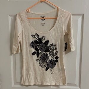 Lucky Brand Cream Short Sleeve Scoop Neck Top with Black Floral Print